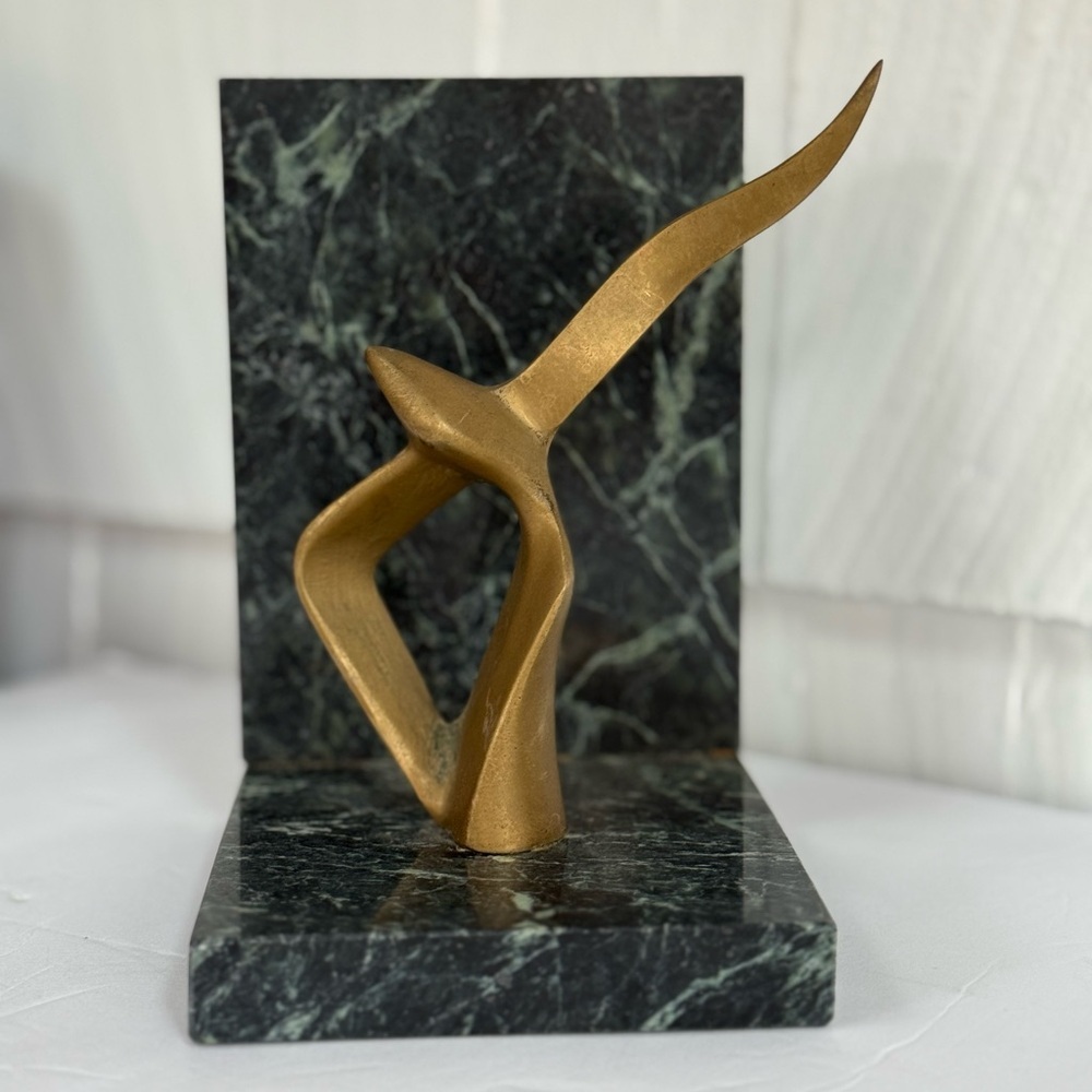 Vintage mid-century, single brass seagull bird on green/blue marble bookend